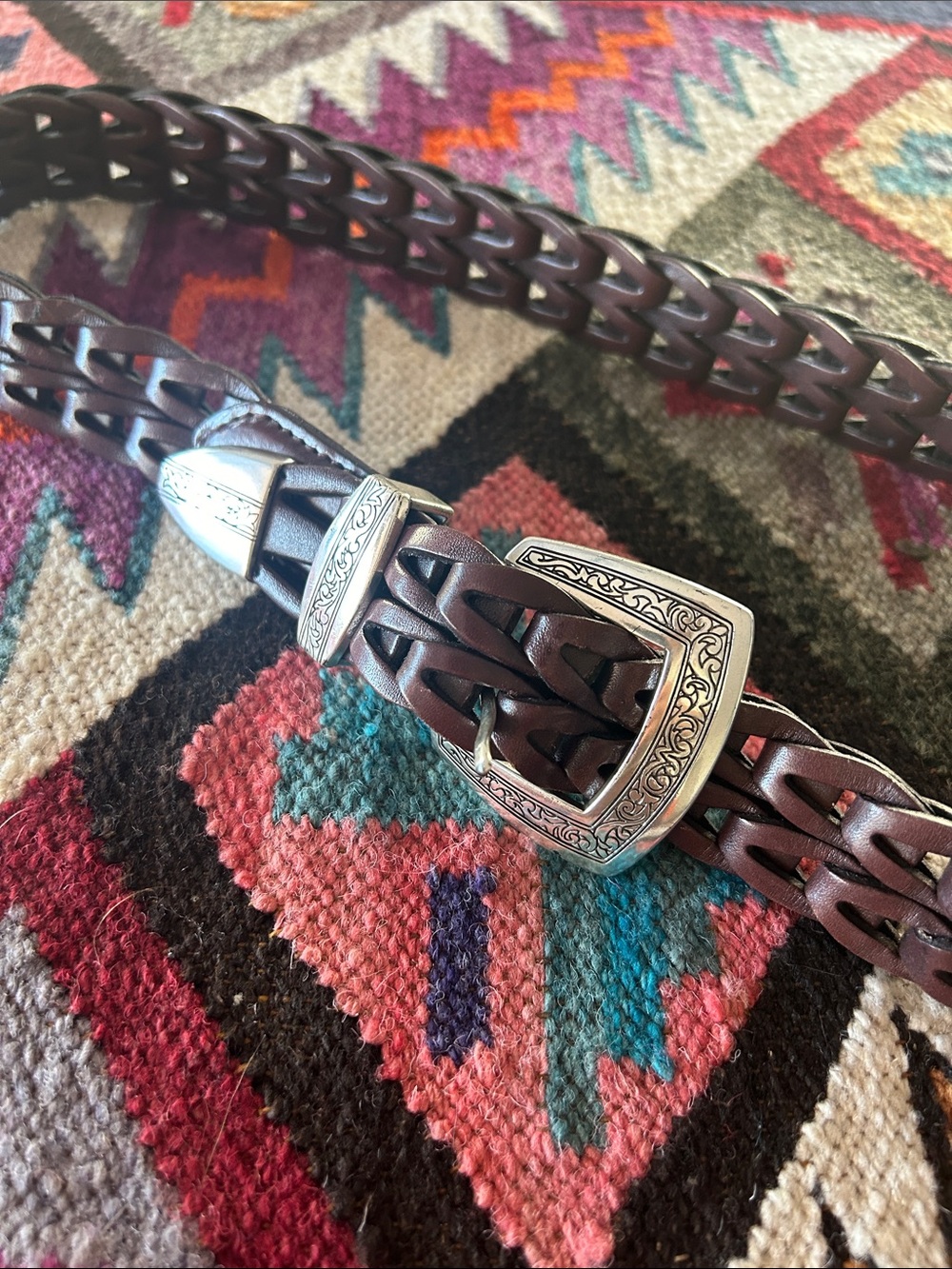 Vintage Brighton Braided Brown Leather Belt with Ornate Silver Buckle Size Large